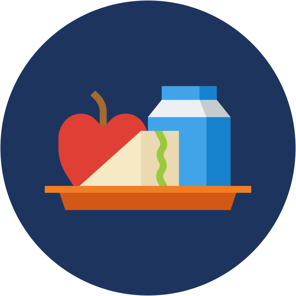illustrated apple, sandwich, milk on lunch tray