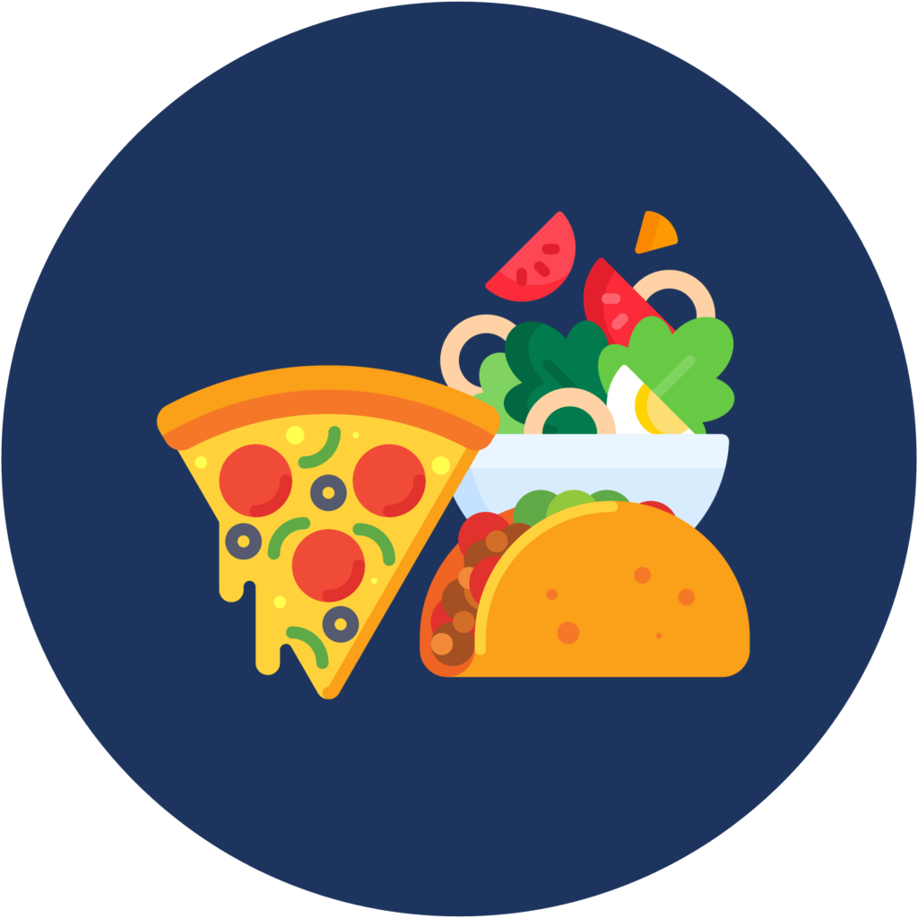 illustrated pizza, salad, taco